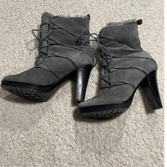 Calvin Klein Women's Size 7.5 Lace Up Dizzy Faux Fur Suede Heel Boots Gray - Picture 2 of 10